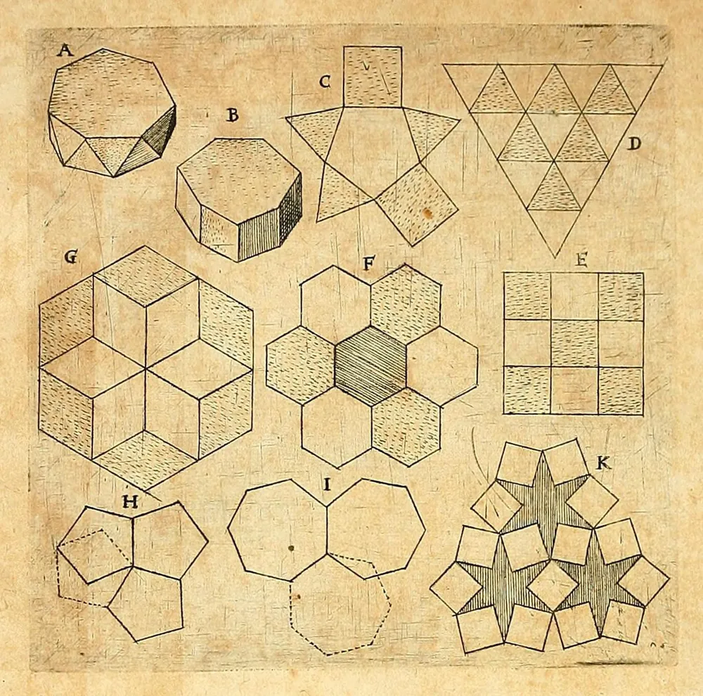 Engraved plate of eleven figures lettered A to K: polygons, hexagonal and square tilings, a triangle of triangles, pentagons that leave gaps, and a pattern of stars and squares.