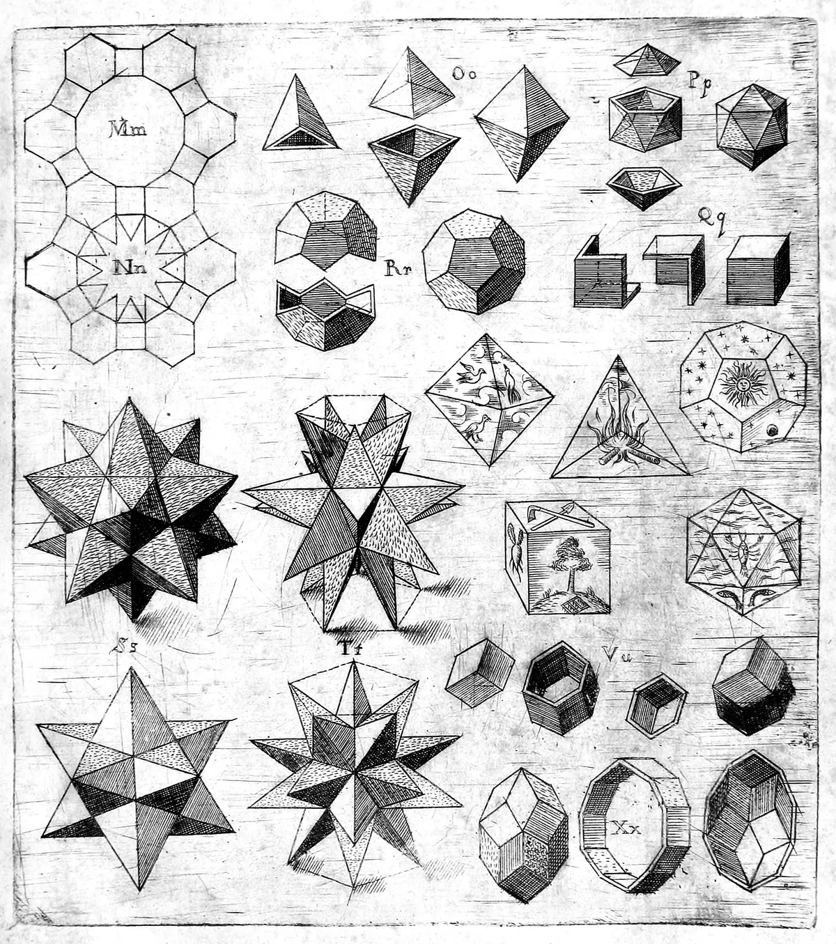 Engraved plate of regular and star polyhedra: tetrahedra, cubes, dodecahedra, two large star polyhedra, and solids carved with birds, fire, a tree and water.