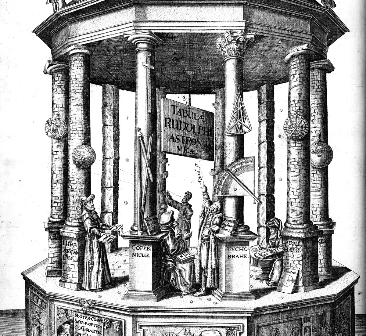 Detail of an engraved frontispiece: a domed temple of astronomy whose columns go from rough logs to carved stone; under the roof hangs a sign reading Tabulae Rudolphi astronomicae, and on the pedestals below stand Copernicus and Tycho Brahe, pointing up at the ceiling.